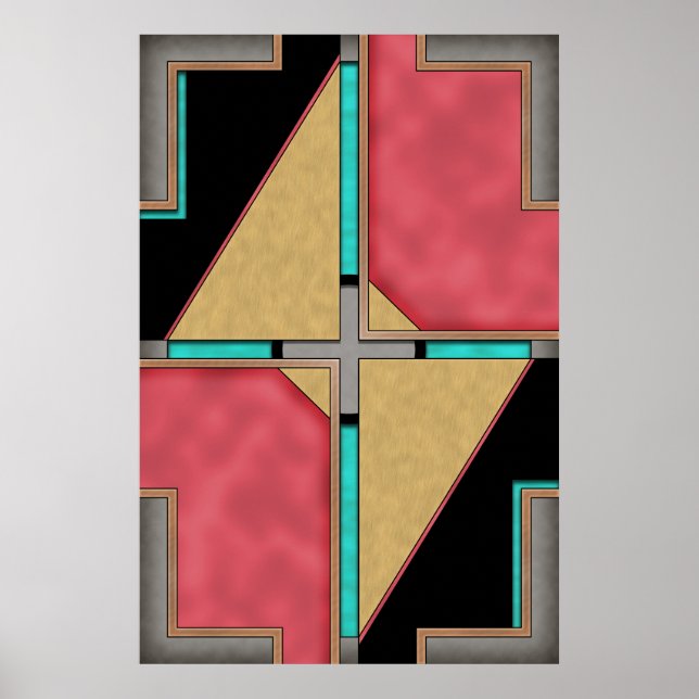 Red, Gold, Turquoise Cyberpunk Art Deco Design Poster (Front)