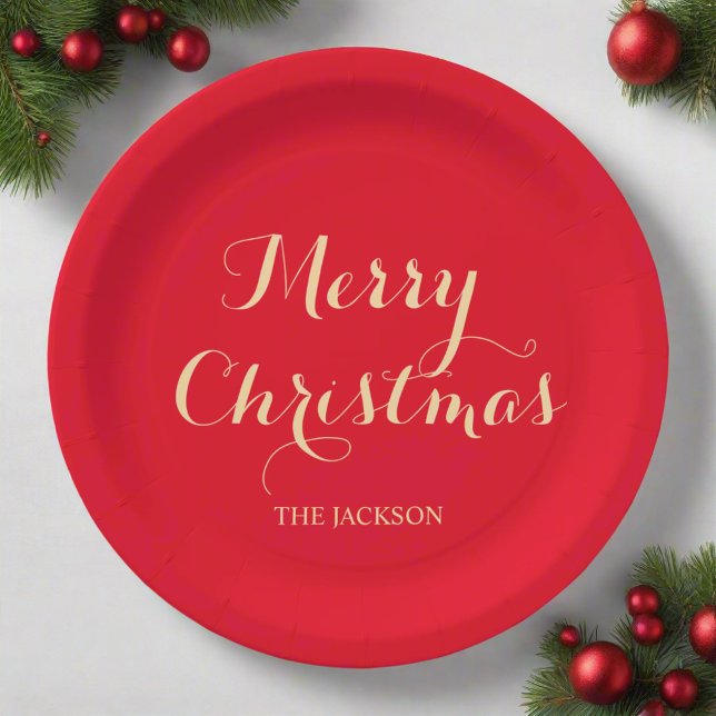 Red & Gold Typography Merry Christmas Family Paper Plate (Creator Uploaded)
