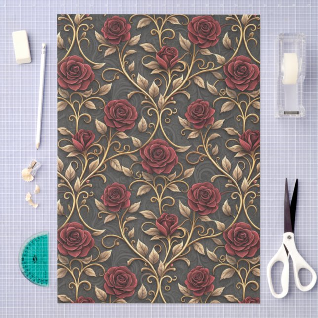 Red & Gold Victorian Rose Damask Style Pattern Tissue Paper (Craft)