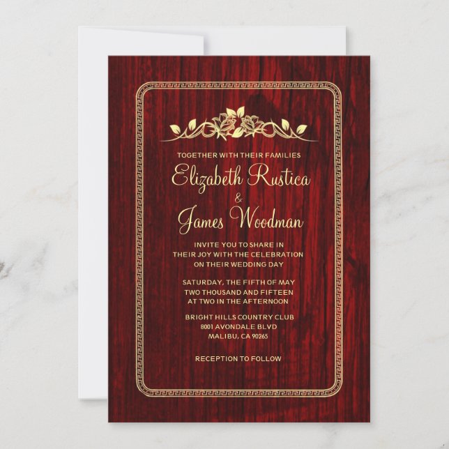 Red & Gold Vintage Barn Wood Wedding Invitations (Front)