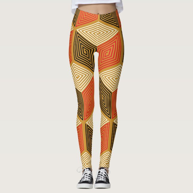 Red Gold Vintage Cube Pattern Leggings (Front)