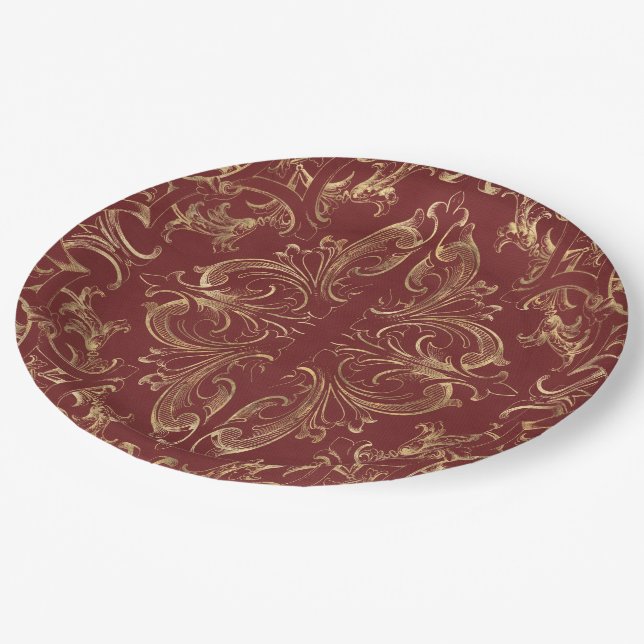 Red gold Vintage Ornate Gold Paper Plate (Angled)