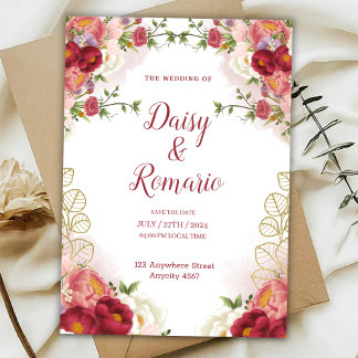 Red Gold Watercolor Floral Save The Date Invitation