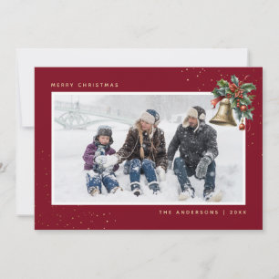 Red Gold Watercolor Holly Bell Photo Christmas Holiday Card
