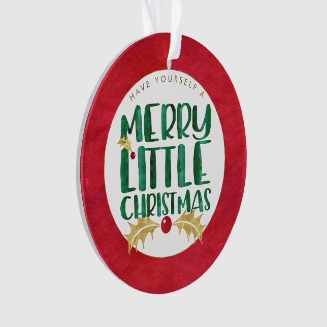 Red & Gold Watercolor PHOTO Merry Little Christmas Ornament (Front)