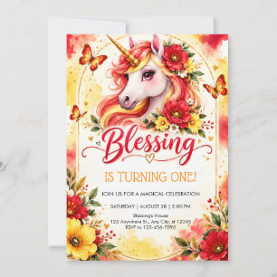 Red & Gold Watercolor Unicorn 1st Birthday Invitation