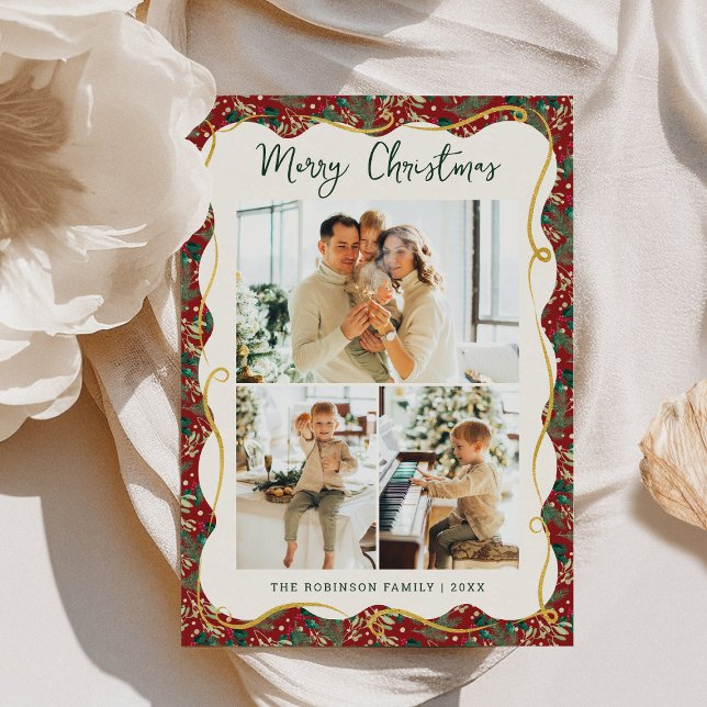 Red Gold Wavy Frame Botanical Christmas 3 Photo Holiday Card (Creator Uploaded)