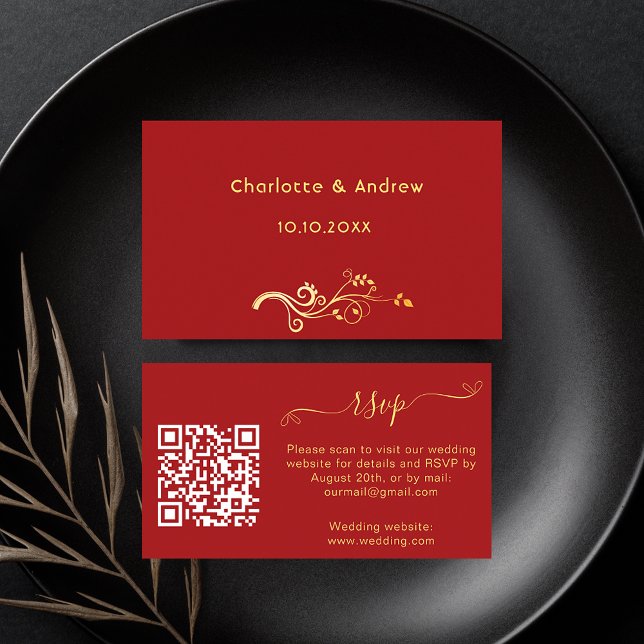 Red gold wedding response website QR code RSVP Enclosure Card (Creator Uploaded)