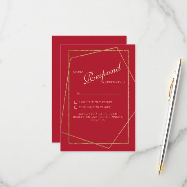 Red & Gold Wedding RSVP Card (Front/Back In Situ)