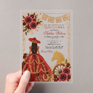 Red Gold Western Horse Floral Charra Quinceañera Acrylic Invitations