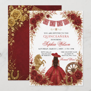 Red Gold Western Horse Floral Charra Quinceañera Invitation