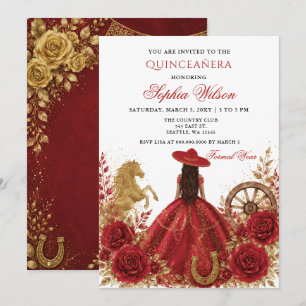 Red Gold Western Horse Floral Charra Quinceañera Invitation