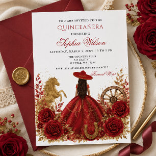 Red Gold Western Horse Floral Charra Quinceañera Invitation