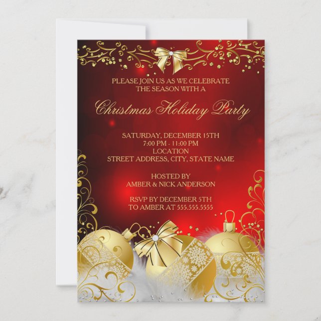Red Gold White Bauble Christmas Holiday Party Invitation (Front)