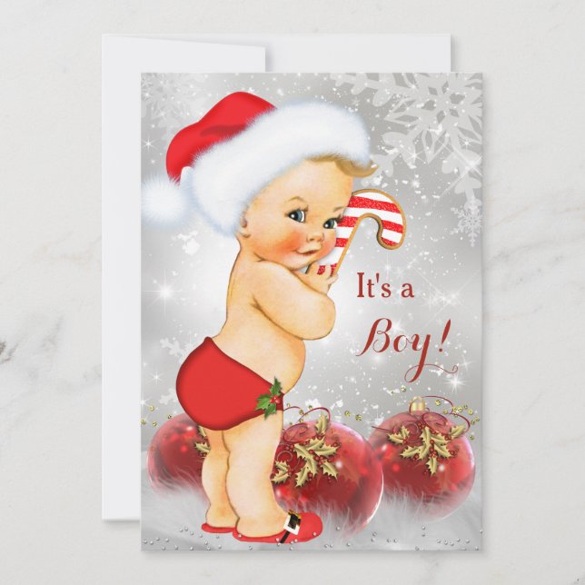 Red Gold White Christmas Baby Shower Boy Blonde Invitation (Front)