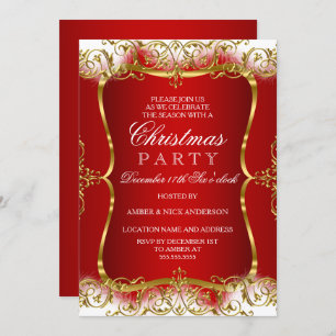 Red Gold White Damask Christmas Party Invite