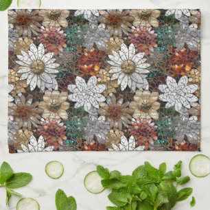 Red Gold White Flowers Tea Towel