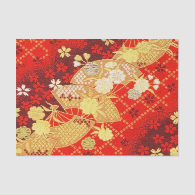 Red Gold White Japanese Kimono Floral Decoupage Tissue Paper (Front)
