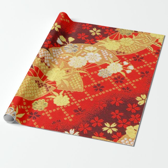 Red Gold White Japanese Kimono Floral Decoupage  Wrapping Paper (Unrolled)