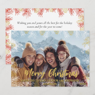 Red Gold White Modern Botanical Photo Christmas Holiday Card