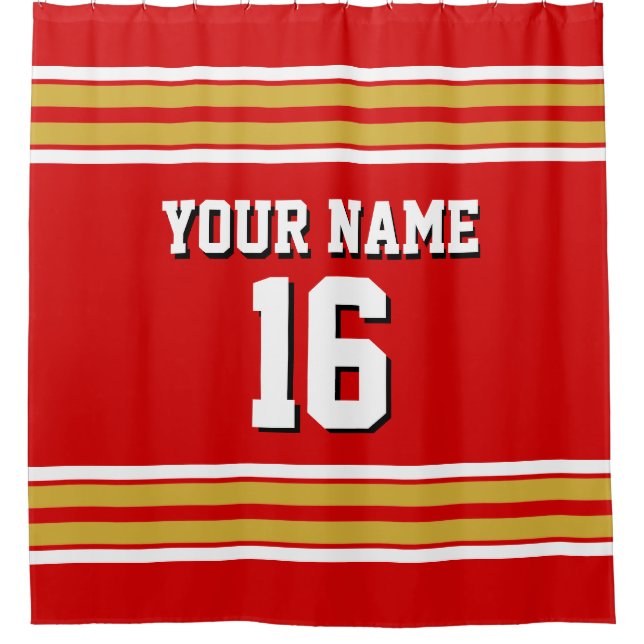 Red Gold White Stripes Sports Jersey Shower Curtain (Front)