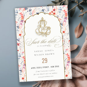 Red Gold Wildflower Ganesh Indian Wedding Save The Date