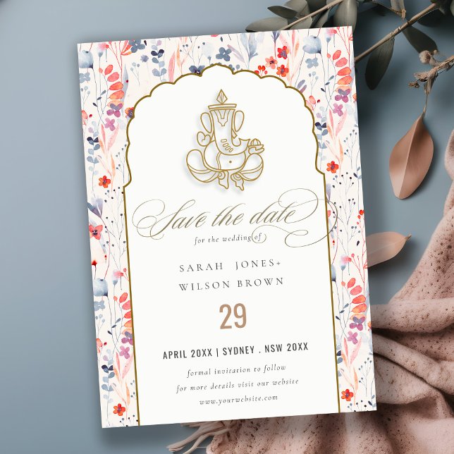 Red Gold Wildflower Ganesh Indian Wedding Save The Date (Creator Uploaded)