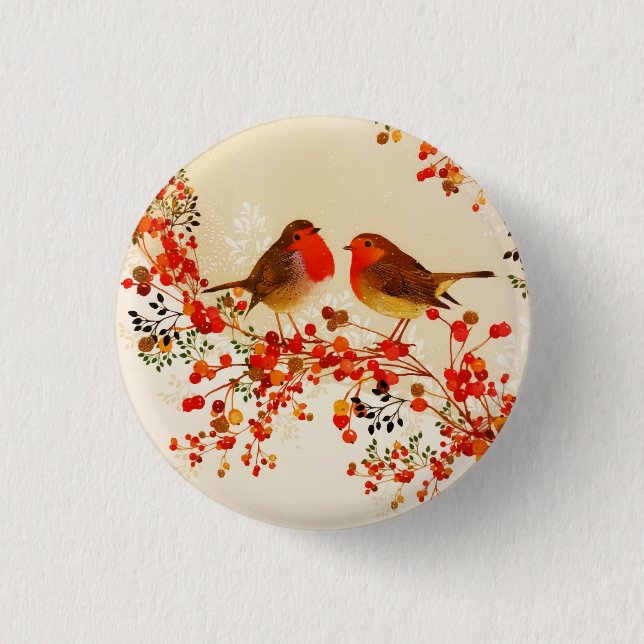 Red Gold Winter Birds Holly Berry Branches 3 Cm Round Badge (Front)