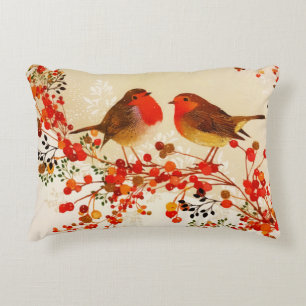 Red Gold Winter Birds Holly Berry Branches Decorative Cushion