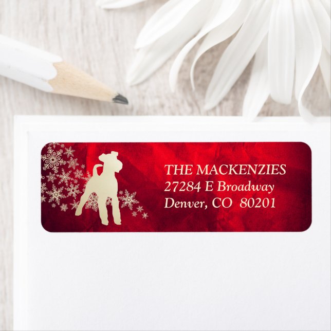Red Gold Winter Fox Terrier Return Address Label (Insitu)