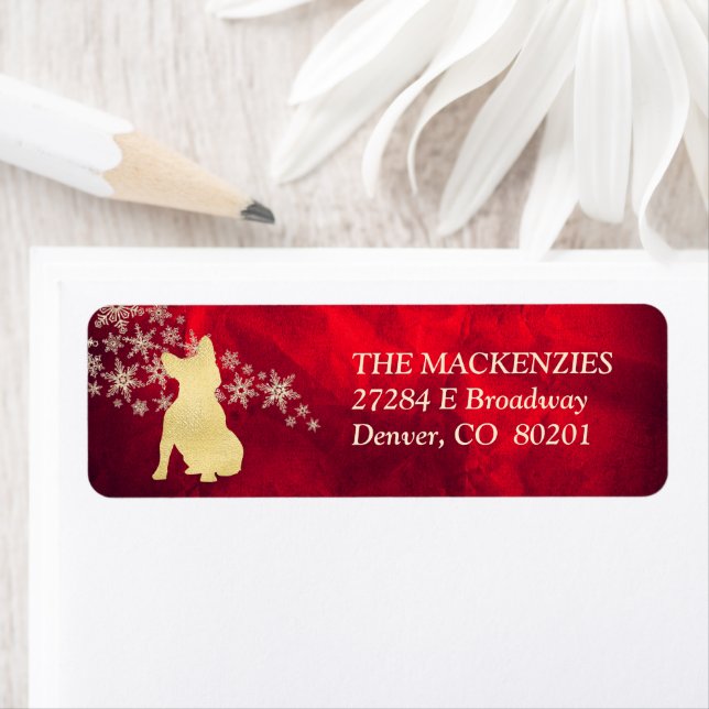 Red Gold Winter French Bulldog Return Address Label (Insitu)
