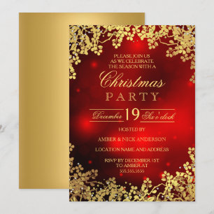 Red Gold Wreath Christmas Party Invitation
