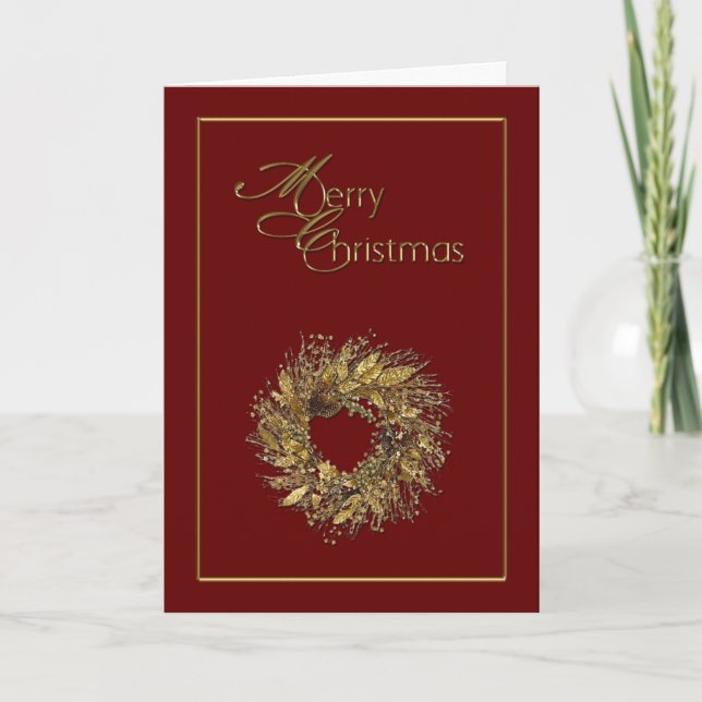 Red Gold Wreath Merry Christmas Card (Front)