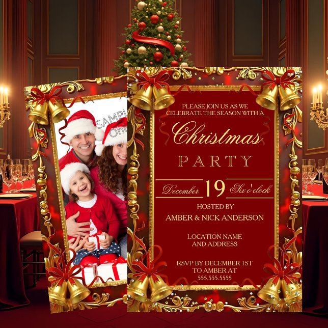 Red Gold Xmas Bells Photo Christmas Holiday Party Invitation (Creator Uploaded)