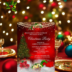 Red Gold Xmas Tree festive Christmas Party Invitation