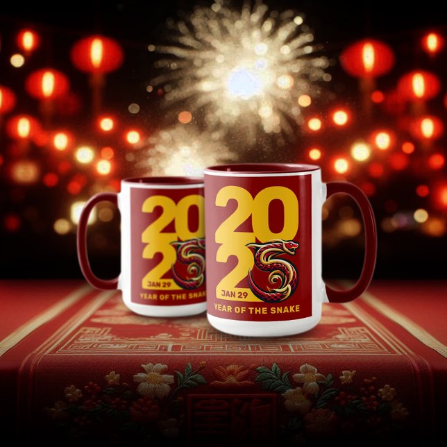 Red Gold Year of the Snake 2025 Mug (CNY 2025 15oz Two-Tone Mugs Fireworks Lanterns Cover Photo)