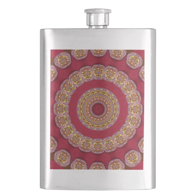 Red Gold Yellow rosettes Mandala Hip Flask (Front)