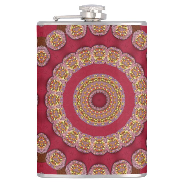 Red Gold Yellow rosettes Mandala Hip Flask (Front)