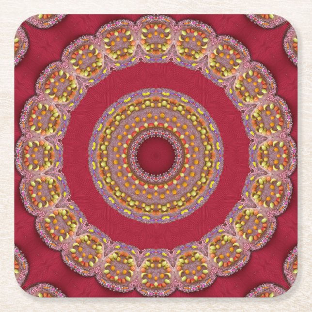 Red Gold Yellow rosettes Mandala Square Paper Coaster (Front)