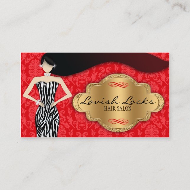 Red Gold Zebra Damask Hair Stylist Salon Business Card (Front)