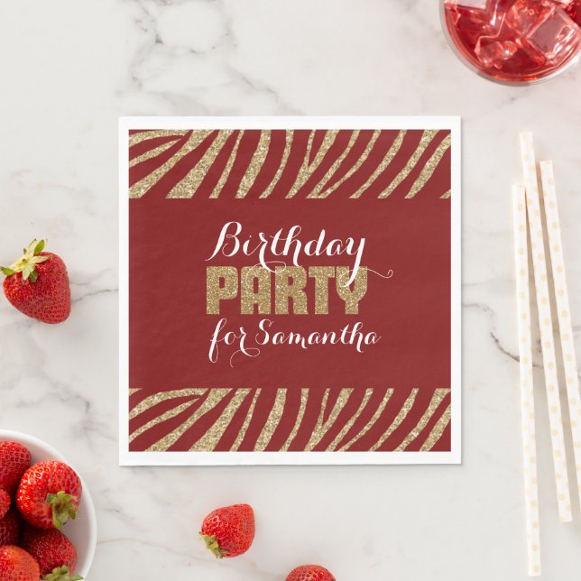 Red Gold Zebra Print Faux Glitter Birthday Napkin (Insitu)