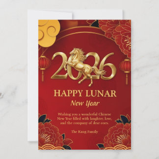 Red Gold Zodiac 2026 Horse Chinese Lunar New Year Holiday Card