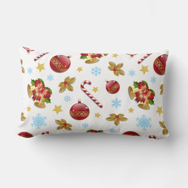 Red & Golden Christmas balls, Christmas holly Lumbar Cushion (Front)