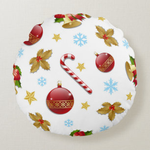 Red & Golden Christmas balls, Christmas holly Round Cushion