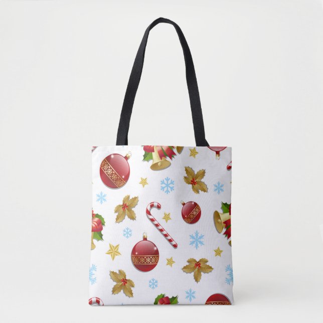 Red & Golden Christmas balls, Christmas holly Tote Bag (Front)