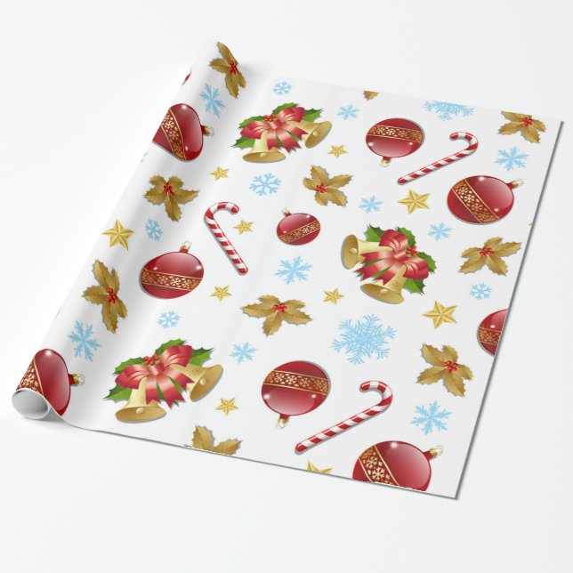 Red & Golden Christmas balls, Christmas holly Wrapping Paper (Unrolled)