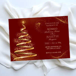 Red golden elegant christmas tree wedding invitation