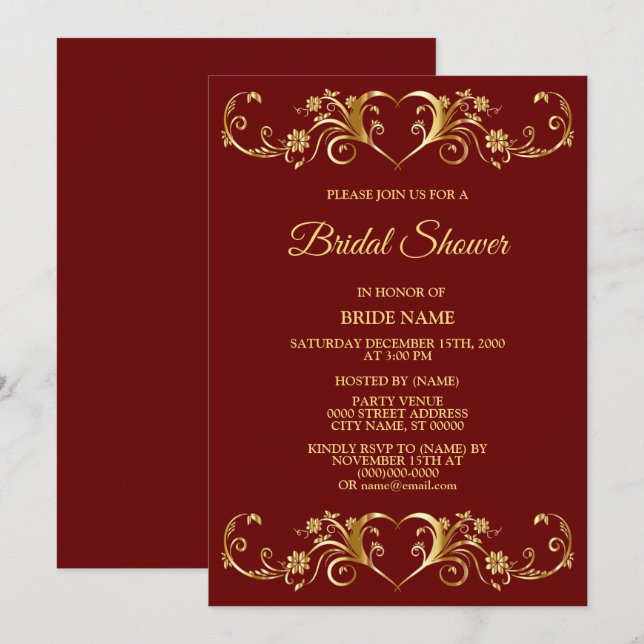 Red Golden Geometric Elegant Bridal Shower Party Invitation (Front/Back)