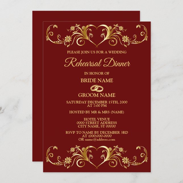 Red Golden Geometric Wedding Rehearsal Dinner Invitation (Front/Back)