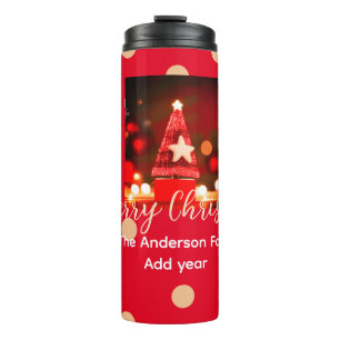 Red Golden merry Christmas add family name year da Thermal Tumbler